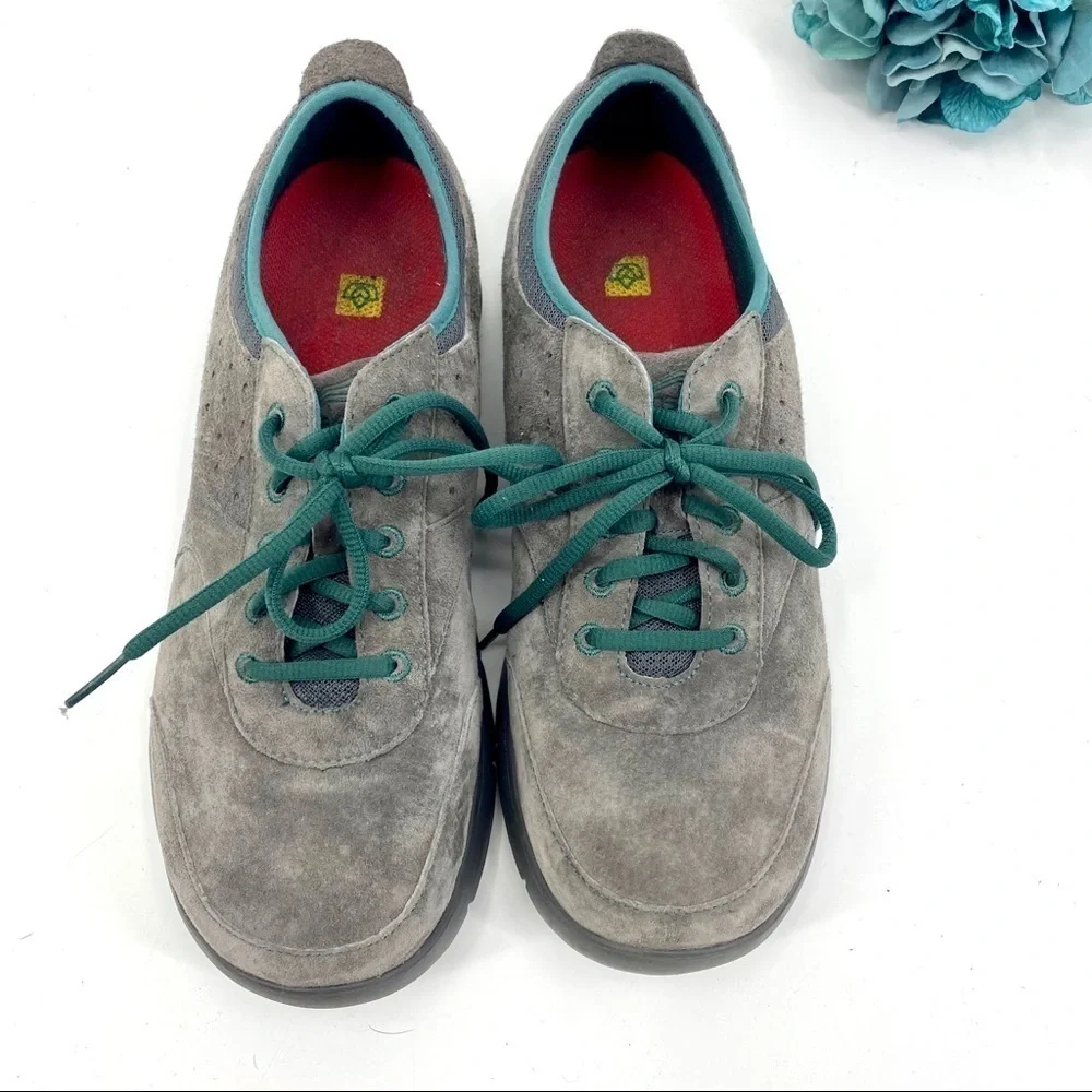 Women's Grey Suede Lace-Up Comfort Shoe with Teal Accents